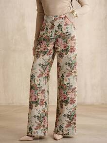 Anewsta Women's Button Pocket Jacquard Casual Straight Leg Pants Vintage - Apricot - View 7