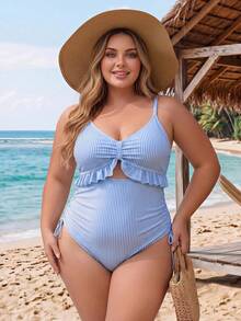 SHEIN CURVE+ Baju Renang Terusan Bergaris Berkerut Ukuran Besar untuk Wanita, Cocok untuk Liburan Pantai, Pesta Kolam Renang, Pesta Pantai - Blue and White - View 6