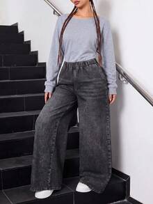 SHEIN Teen GirlLoose Straight Leg Blue Jeans - Dark Grey - View 6