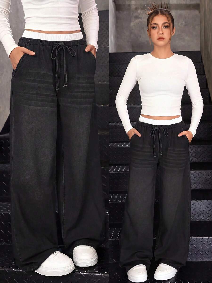 SHEIN 青少年女孩 Y2K 秋季時尚藍白條紋休閒寬鬆闊腿牛仔褲,黑色拉鍊褲,配對比腰帶與 2 合 1 設計 - 黑色 - 查看 1