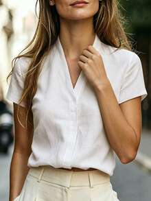 SHEIN LUNE Women's V-Neck Faux Linen Bamboo Knot Short Sleeve Top - White - View 5
