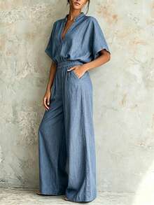 Breezaya Women's Summer Jumpsuit, July Festival, Outdoor Outfit Jumpsuit, Beach Vacation, Holiday Outfit, Blue Women's Jumpsuit, V-Neck Waist-Cinching Short Sleeve Blue Women's Jumpsuit, Casual Women's Jumpsuit, Vacation Outfit, Vacation Women's Jumpsuit, Party Women's Jumpsuit, Elegant Women's Jumpsuit, - Blue - View 6