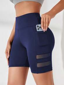 SHEIN Sports Women's Mesh Patchwork Casual Versatile Daily Travel Sports Shorts - Navy Blue - View 6