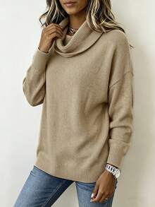 SHEIN Women's Solid Color Drop Shoulder Long Sleeve Loose Casual Sweater - Camel - View 3