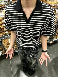 Resyla Men 男士黑白條紋 Polo 衫，經典休閒航海風，美式復古韓系簡約修身，度假夏季款 - 彩色 - 查看 4