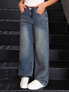 SHEIN Teen Girl Casual Versatile Daily Travel Denim Jeans With Pocket And Button - Light Wash - View 4