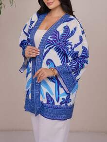 The Leen Edit Woven Printed Long Sleeve Loose Kimono Cover Up For Women,Beige,Summer,Tropical,Holiday,Vacation,Holiday,Beach,Western Wear,Spring&Summer,Boho,Rave - Blue and White - View 4