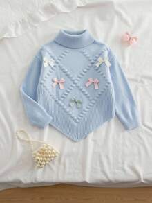 SHEIN Vintaside Kids 女童針織毛衣套裝，休閒時尚可愛藍色，花朵與蝴蝶結細節，尖擺設計，高領，柔軟舒適，適合日常、外出、旅行、度假、托兒所及兒童場景 - 藍色 - 查看 2