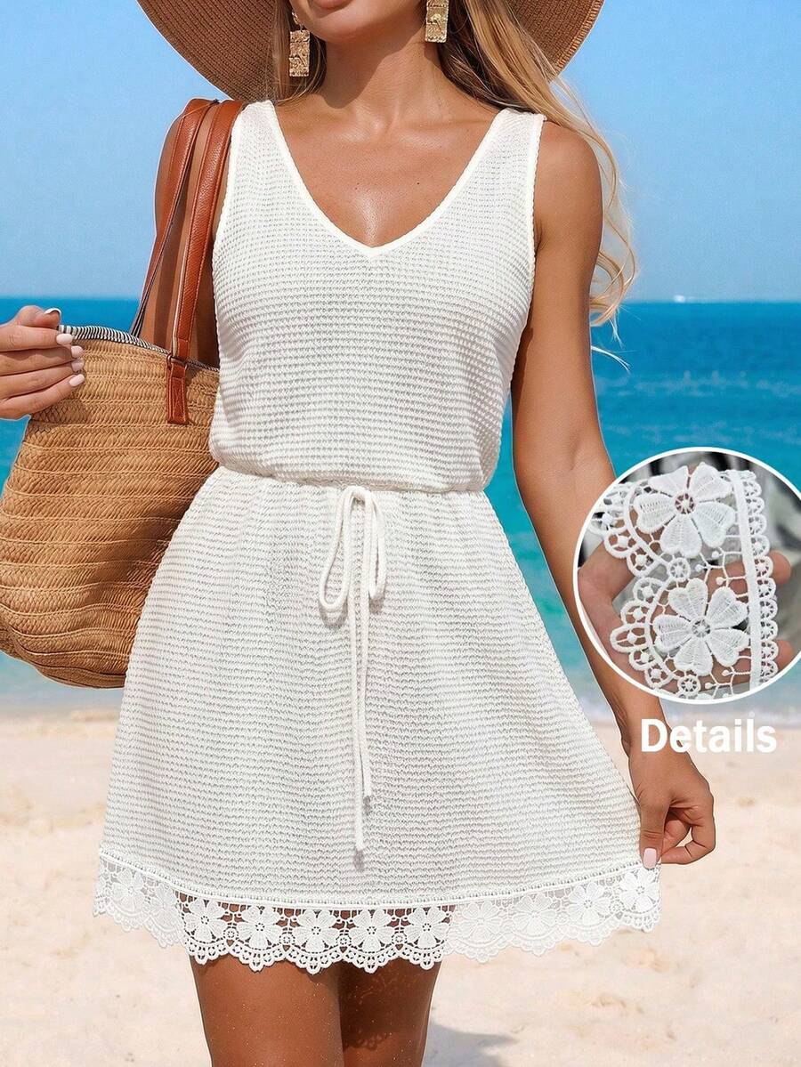 Swim Lushoire Women's New Summer Swimwear Fashion Vacation Elegant Sexy Casual Bohemian White Textured Fabric Contrast Lace Trim V-Neck Tie Sleeveless Dress Cover-Up, Summer Beach Vacation, Casual, Work, Country, Easter, Thanksgiving, Mother's Day, Pool Party, Music Festival, Cruise, Club, Wedding, Weekend Picnic - White - View 1