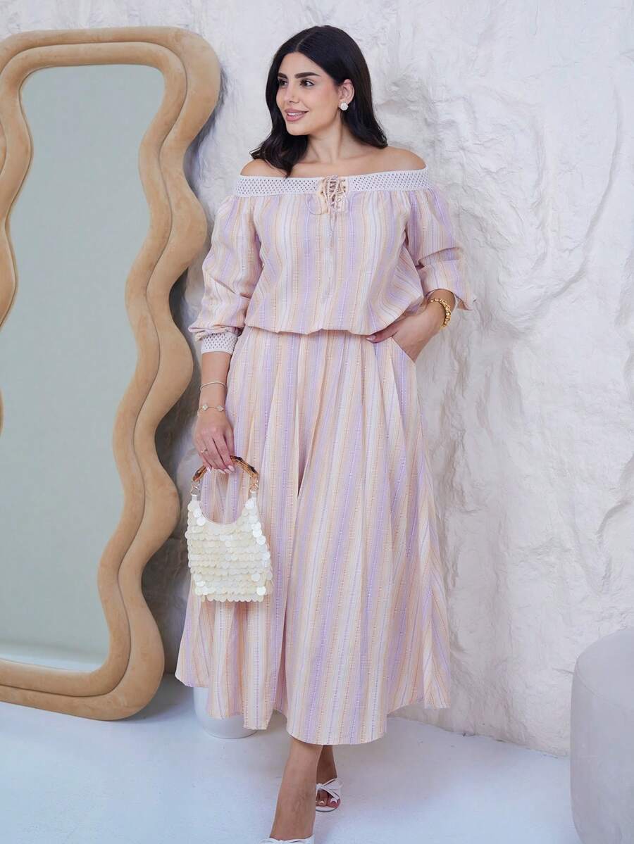 The Leen Edit Spring/Summer Lace Trim Patchwork Loose Casual Textured Pleated Pink Striped Valentine's Day Wedding Vacation Beach Off-Shoulder Short Top Elegant - Burnt Orange - View 1