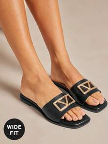 SHUZIA Women's Square Toe Signature Gold Oversized Sculptural Buckle Pu Black Slide Sandals – Soft Cushions, Chic, Comfortable & Easy To Pair - Black - View 7