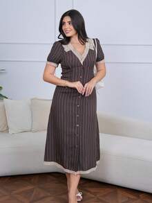 The Leen Edit Lace Patchwork Fitted Striped Petal Sleeve Long Dress For Women Summer Sundress Elegant - Brown - View 1