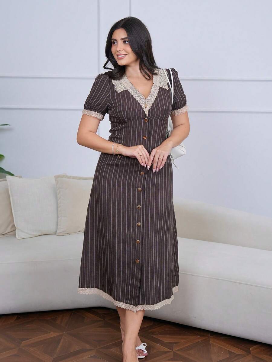 The Leen Edit Lace Patchwork Fitted Striped Petal Sleeve Long Dress For Women Summer Sundress Elegant - Brown - View 1