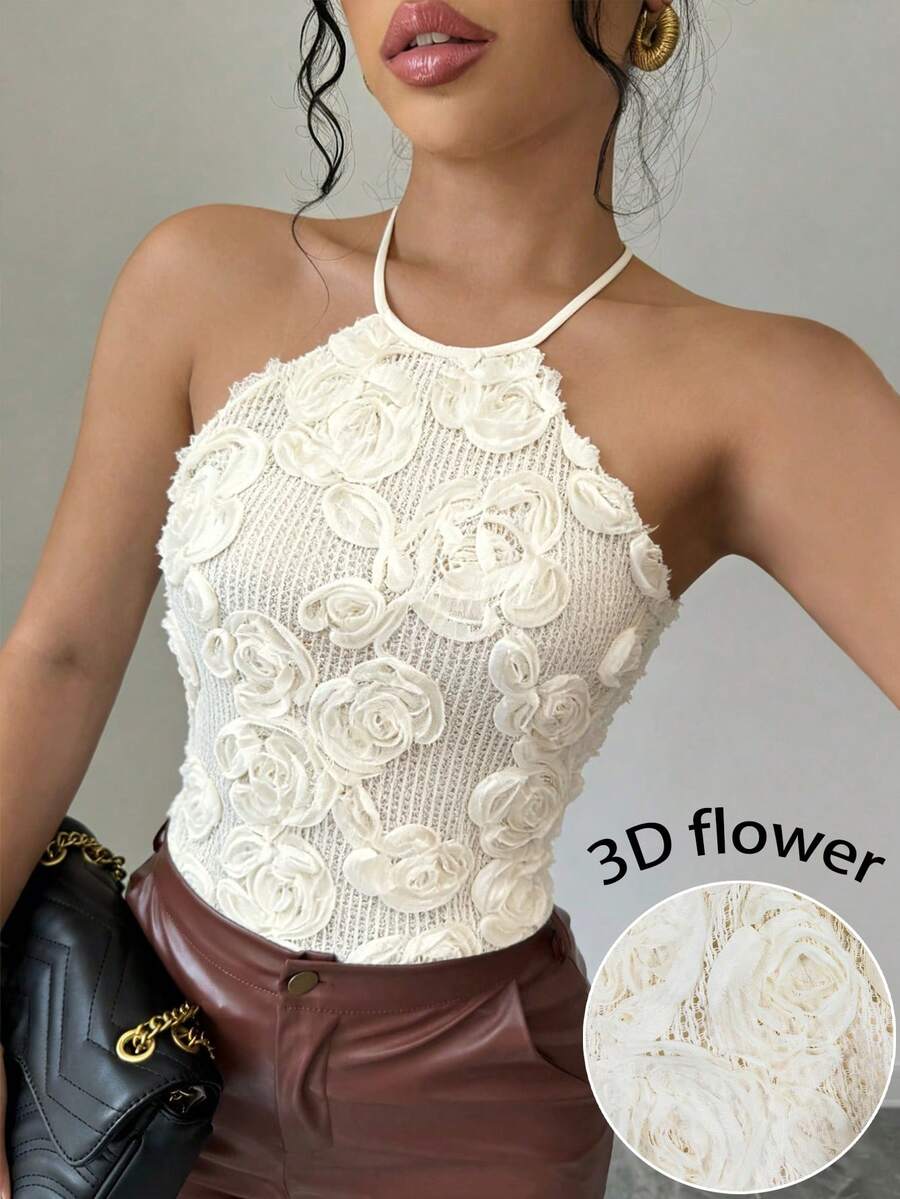 Elenzga 女款休閒性感修身時尚3D花卉精緻面料掛脖綁帶背心上衣,情人節上衣,情人節背心,適合日常、派對、約會、郵輪、度假、海灘、音樂節、波希米亞風度假。女款情人節穿搭,派對,海灘,畢業,優雅,正式,女款正式服裝,性感,度假,女款度假穿搭,時尚休閒通勤穿搭,商務辦公穿搭,百搭時尚日常休閒穿搭,都市教師專業穿搭 - 杏色 - 查看 1