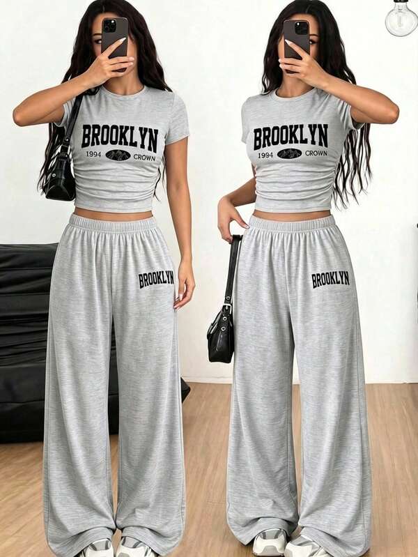 SHEIN Teen Girl Casual Daily Versatile Comfortable Loose Round Neck Short Sleeve Printed T-Shirt And Long Pants Set, Summer Outfit, Soft Knit, Suitable For Sports, Outings, Vacation, Travel, School, Campus, University And Other Occasions. Teen Girl