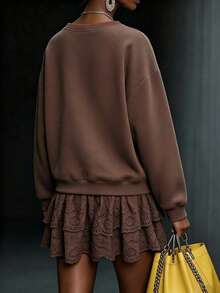 LUMIGAL Women's V-Neck Casual Versatile Daily Wear Long Sleeve Sweatshirt - Brown - View 2