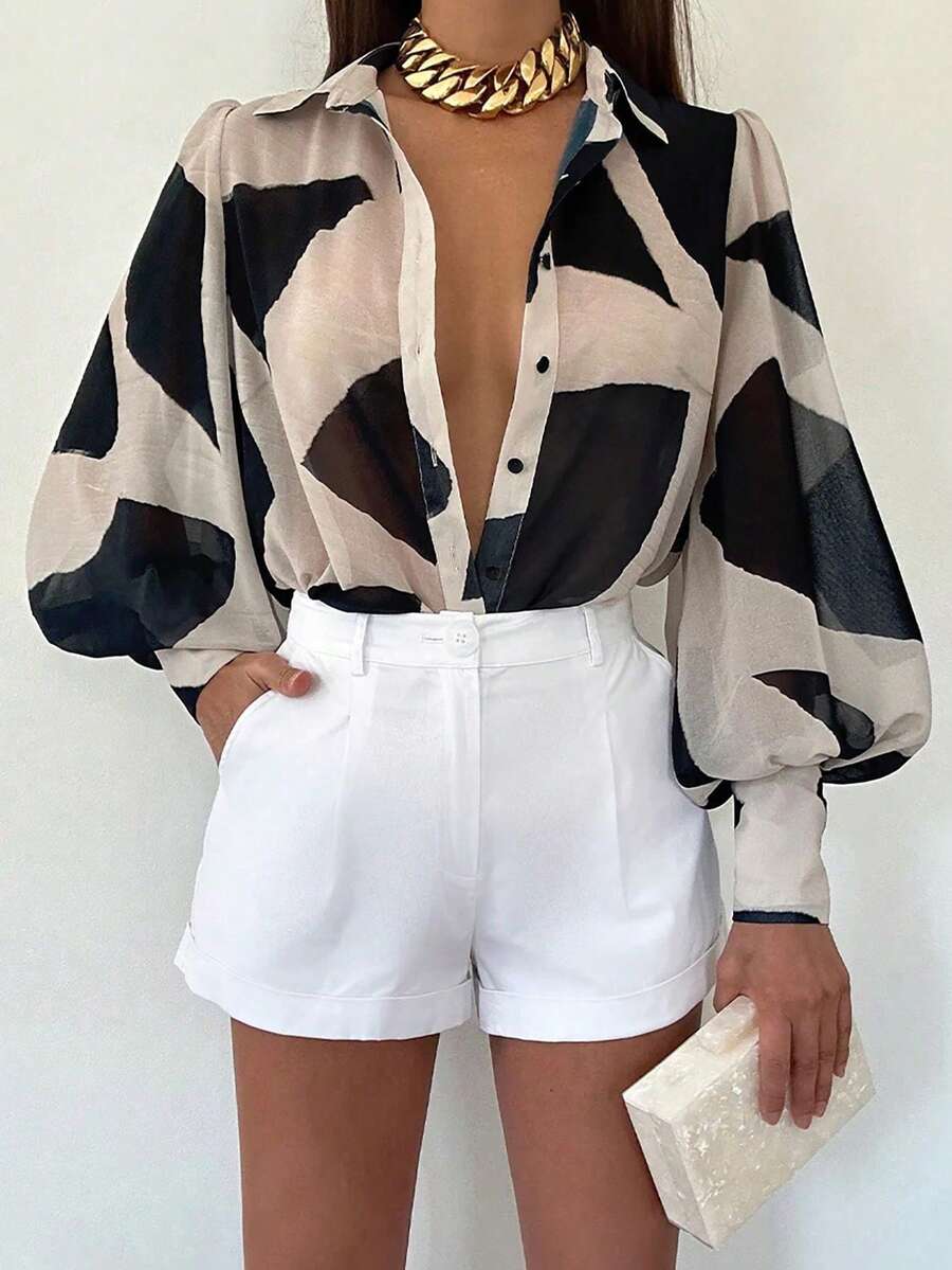 EMERY ROSE Kemeja Kancing Depan Motif Seluruh Permukaan untuk Pakaian Sehari-hari, Atasan Lengan Panjang Pakaian Musim Gugur untuk Wanita - MultiWarna - View 1