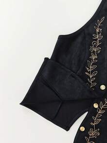 SHEIN Fiorisel 女款春夏新款復古V領刺繡背心，適合日常通勤，可與襯衫疊穿，無袖 - 藏蓝色 - 查看 4