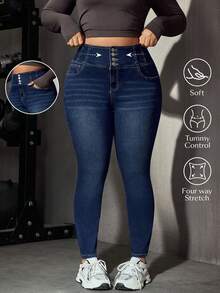 Flexra Casual Slim Fit High Waist Navy Blue Daily Stretchy Washed Comfortable Flattering Wear Plus Size Jeans For Women Formal Date Night Summer - Dark Wash - View 1