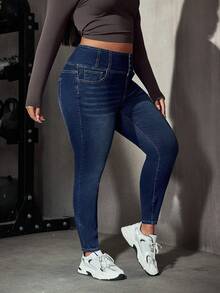 Flexra Casual Slim Fit High Waist Navy Blue Daily Stretchy Washed Comfortable Flattering Wear Plus Size Jeans For Women Formal Date Night Summer - Dark Wash - View 5