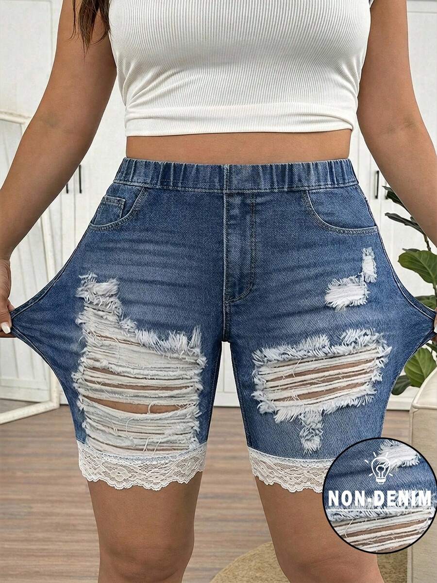 SHEIN Frenchy Mother's Day Plus Size Blue Denim Effect Contrast Lace Casual Leggings, Suitable For Summer
