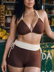 Swim Mod 2026 New Plus Size Women's Colorblock Halter Tie Drawstring Bottom Sweet Minimalist Bikini Set Set - Multicolor - View 1