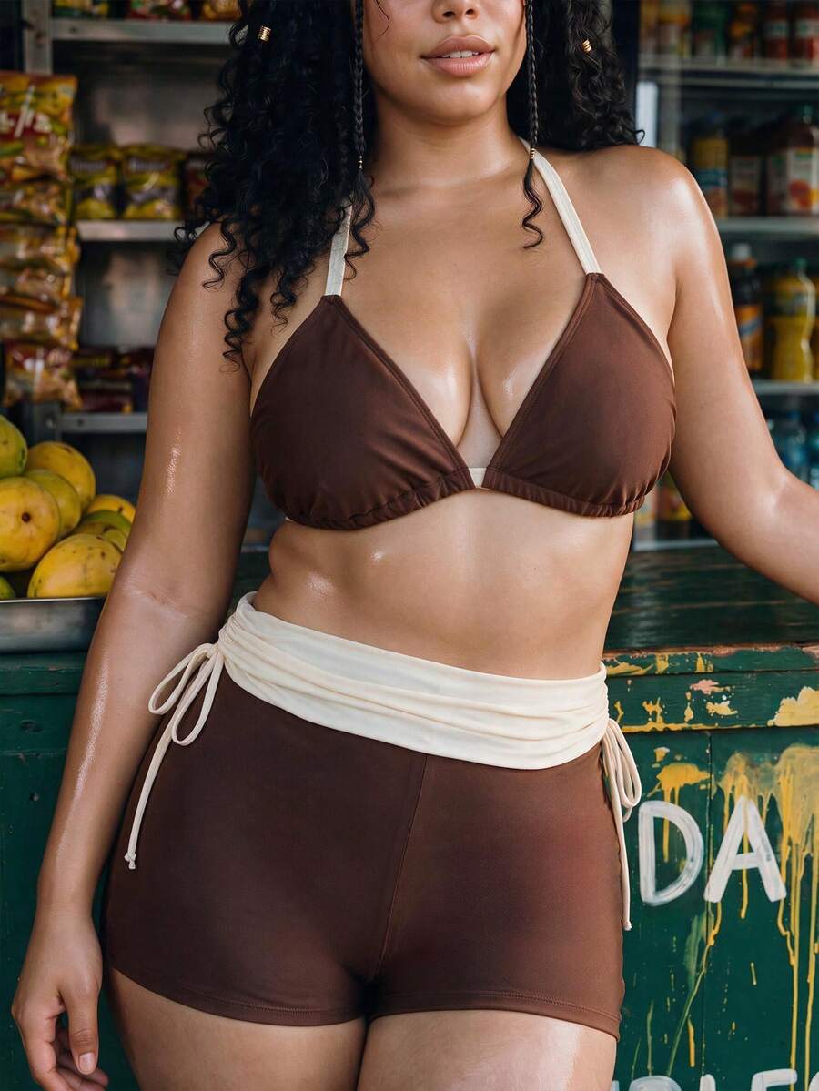 Swim Mod 2026 New Plus Size Women's Colorblock Halter Tie Drawstring Bottom Sweet Minimalist Bikini Set Set - Multicolor - View 1