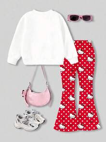 HELLO KITTY AND FRIENDS | SHEIN 女童印花圓領運動衫紅色波點喇叭褲套裝 春秋款 - 紅色 - 查看 2