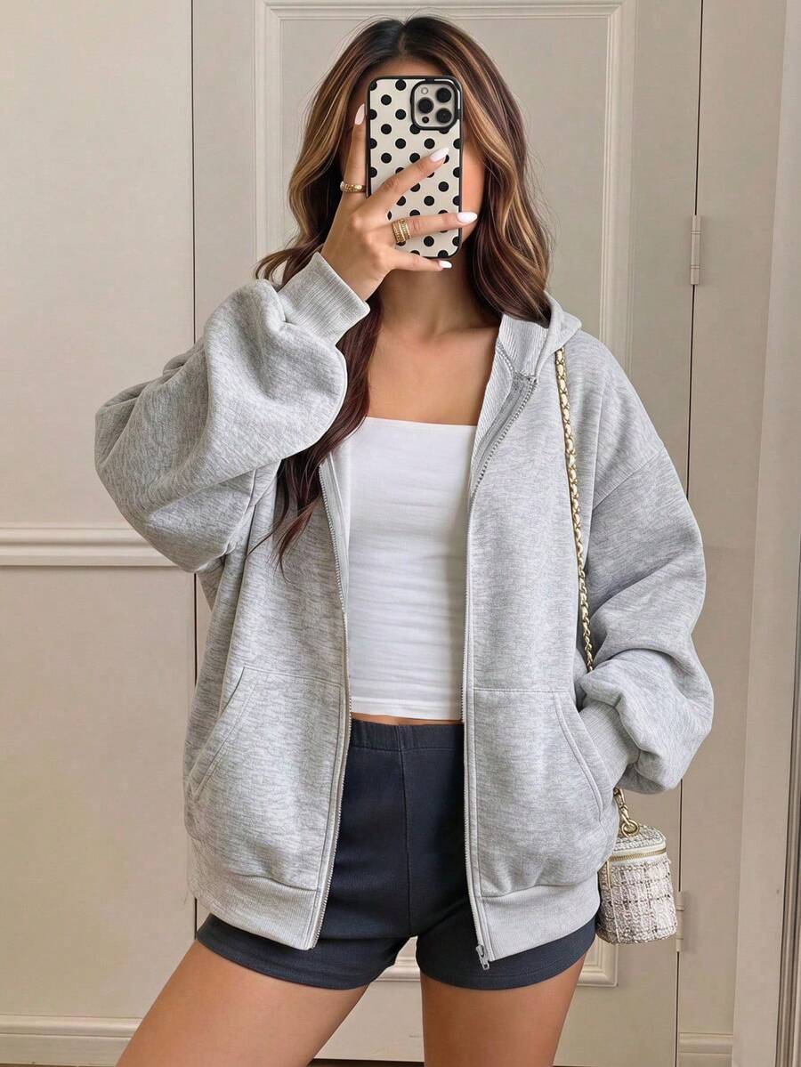 SHEIN 青少年女孩秋季服飾 銀色白色黑色大廓形街頭風拉鍊連帽衛衣休閒外套保暖穿搭長袖寬鬆第六級學校