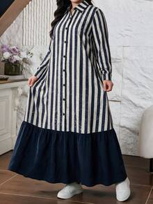Lacomfia Plus Size Women's Woven Digital Print Striped Button-Up Patchwork Hem Elegant Romantic Dress - Multicolor - View 3