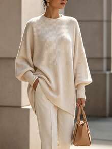 SHEIN Holidaya Desain Prancis, Sweater Imitasi Rajut Bergaris Asimetris, Lapisan Dalam Serbaguna, Pakaian Luar Elegan, Modis, Kasual, Kaos Wanita - Aprikot - View 3