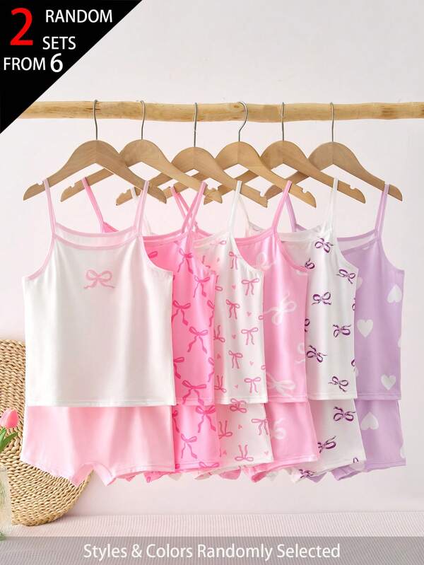 SHEIN Vintaside Kids 2pcs Random Blind Box Set Girls Big Tween Girl Base Layer Set, Cute Bow Print Combination Series, Pink, Light Purple, White, Color Combination Set, Soft And Smooth Texture, Made Of Knitted Fabric, High Elasticity Camisole And Panty Set, Suitable For All Seasons Lightweight Clothing
