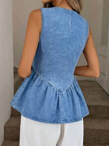 SHEIN LUNE 女款夏季休閒水洗牛仔無袖上衣，荷葉邊下擺，適合夏季嘉年華造型、通勤、度假、畢業季，時尚 Y2K 可愛街頭風 Coquette 風格，派對、婚禮、優雅商務休閒，女款無袖牛仔荷葉邊上衣，休閒 V 腰設計，藍色棉混紡休閒襯衫 - 藍色 - 查看 2