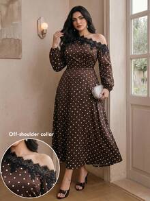 Modelyn Plus Size Women's Polka Dot Lace Patchwork Asymmetric Shoulder Casual Party Dress - Multicolor - View 4