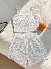 Tween Girls 2pcs/Set Casual All-Match Sporty Versatile Colorblock Patchwork 2 In 1 Camisole Top And Shorts Knit Vest Mini Set, Summer, Comfortable - Grey - View 2
