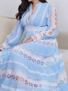 The Leen Edit Women's Elegant Lace Patchwork Maxi Dress, French Vintage Style, Suitable For Spring, Festival, Holiday - Baby Blue - View 4