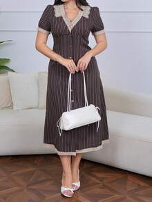 The Leen Edit Lace Patchwork Fitted Striped Petal Sleeve Long Dress For Women Summer Sundress Elegant - Brown - View 5