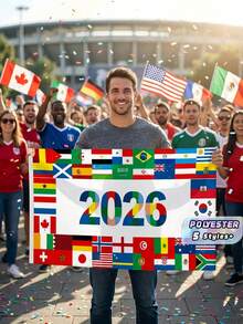 1件 2026世界盃旗幟橫幅 足球派對裝飾背景 含各國國旗 適合運動迷 賽事之夜觀賽派對 戶內外裝飾 - A - 查看 1