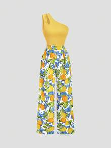 GlowEve Women's Yellow One-Shoulder Halter Jumpsuit, Lemon Print High Waist Zipper Design, - Multicolor - View 5