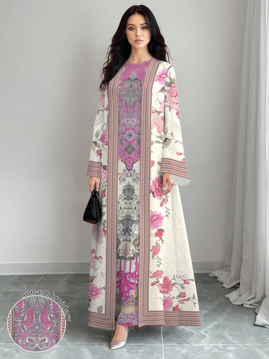 SHEIN Najma 女士优雅花卉数码印花圆领长款连衣裙和长款开衫两件套,春夏休闲装 - 彩色 - 查看 1