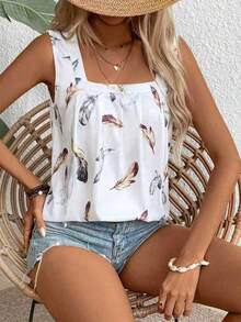 SHEIN Holidaya 女士羽毛印花方领无袖简约日常背心图案 T 恤女式上衣 - 彩色 - 查看 5