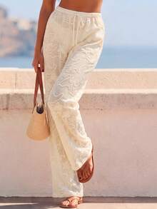 CAJUNI Women's Vacation Embroidered Sheer Casual Drawstring Waist Long Pants Beach - Cream - View 7