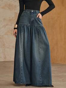 Anewsta Women's New Fashion Design Patchwork Vintage Nostalgic Washed Blue Jeans Wide Leg Pants - Blue - View 4
