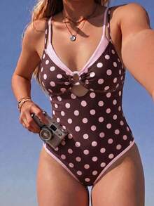 Swim Mod 2026 New Spring/Summer Plus Size One-Piece Polka Dot Random Print Large Scoop Neck Front Center White Ring Design Dual-Color Detachable Shoulder Strap Women's Swimsuit Suitable For Beach Vacation Wear - Multicolor - View 1
