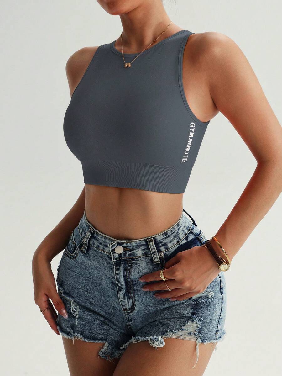 Powerista Kaos Olahraga Kasual Wanita dengan Cetakan Huruf untuk Pemakaian Sehari-hari - Grey - View 1
