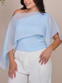 The Leen Edit Women Raglan Sleeve Asymmetric Collar Form-Fitting Casual/Office Style Blouse, Spring/Summer - Baby Blue - View 4
