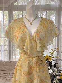 Celisse Semi-Transparent Ruffle Trim Collar Short Dress Digital Print Slim Yellow Floral V-Neck Ruffle Chiffon Mini Dress - Pale Yellow - View 6