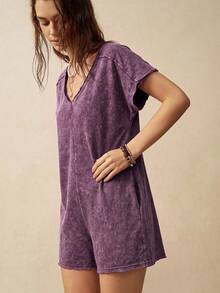 Bohemela Busana Wanita Minimalis Kasual Model Romper Leher V Gaya Jalanan Liburan Musim Panas Warna Ungu Muda - Purple - View 7