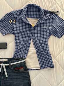 IslaSuriya Plus Size Korean Style Plaid Single-Breasted Regular Shoulder Short Sleeve Shirt - Multicolor - View 3