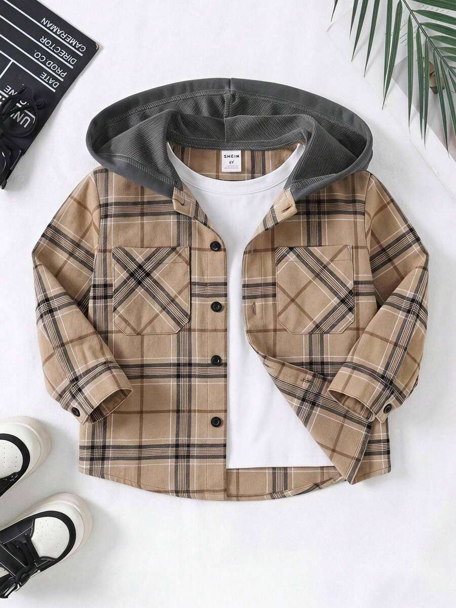 SHEIN Genkimix Kids 男童格紋連帽外套,春秋款 - 卡其色 - 查看 1